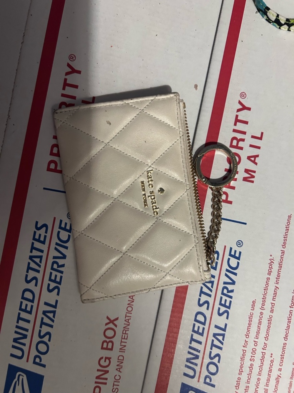 kate spade Quilted White Leather Zip Key Wallet with Gold Chain